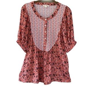 Jane and Delancey Floral Mixed Print Coral Boho Puff Sleeve Henley Top Size M